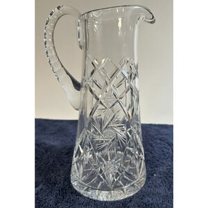 Vintage Cut Glass Crystal Pitcher 9” Tall Starburst Pattern Heavy